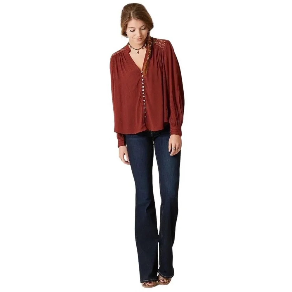 Free People XS Top Canyon Rose Shirt Boho Rust Gold Pearl Button Embroidered 675